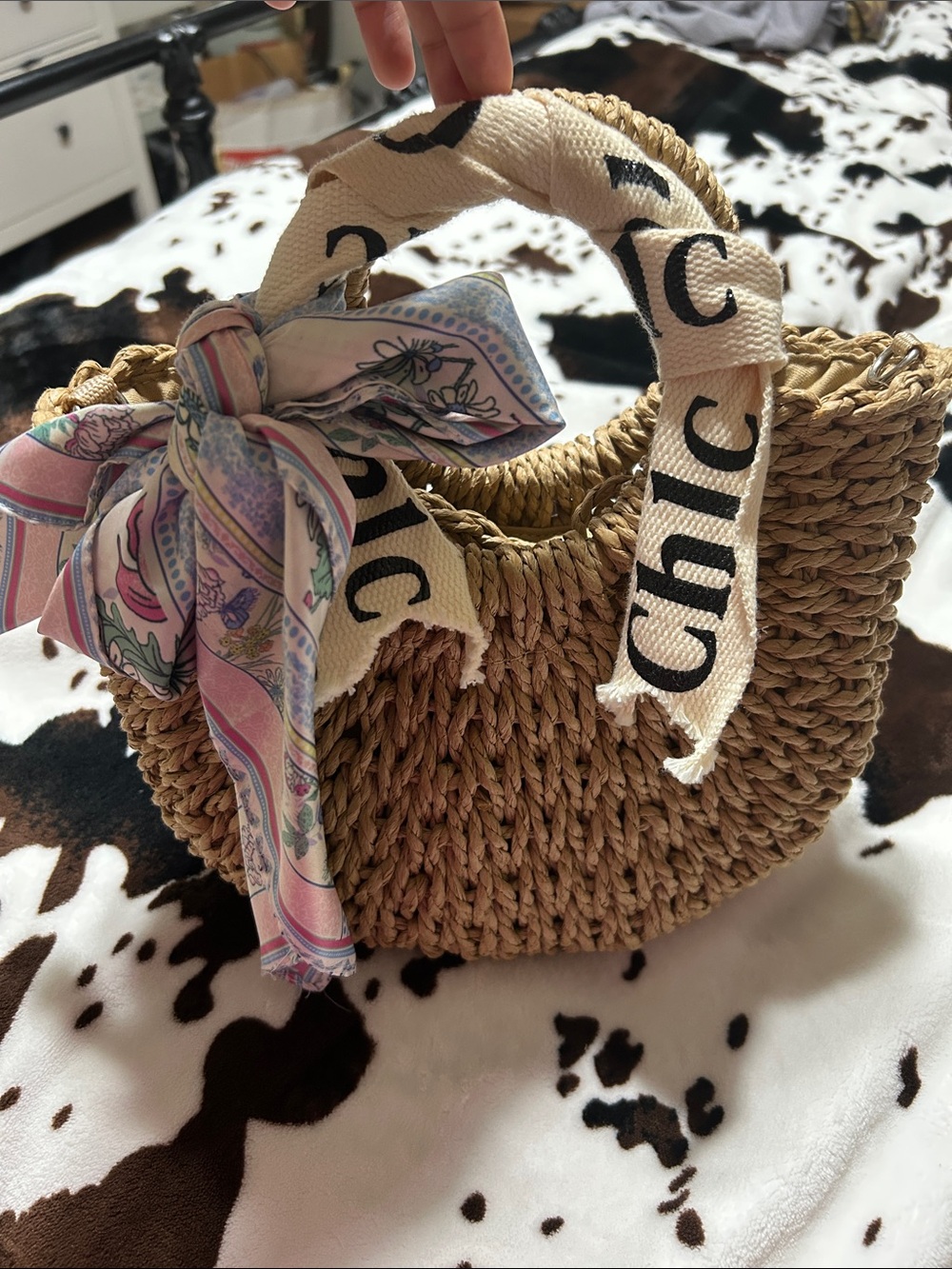 Chic Straw Woven Tote Bag with Pink Scarf Accent